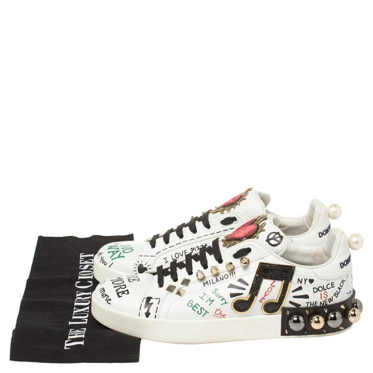 Pre Owned Dolce & Gabbana White Leather Portofino With Patch and Embroidery Low Top Sneakers Size 39