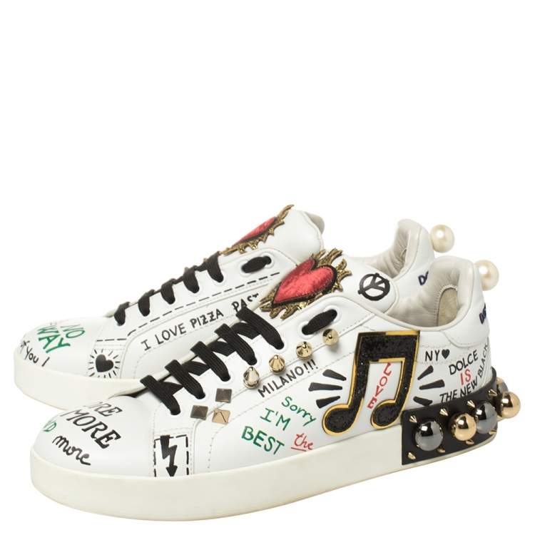 Pre Owned Dolce & Gabbana White Leather Portofino With Patch and Embroidery Low Top Sneakers Size 39