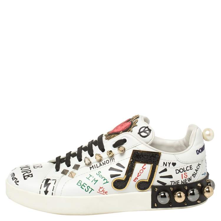 Pre Owned Dolce & Gabbana White Leather Portofino With Patch and Embroidery Low Top Sneakers Size 39