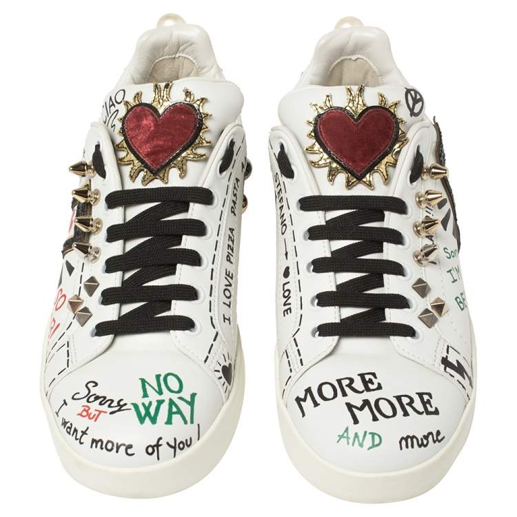 Pre Owned Dolce & Gabbana White Leather Portofino With Patch and Embroidery Low Top Sneakers Size 39