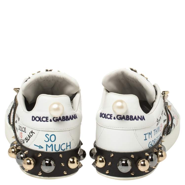 Pre Owned Dolce & Gabbana White Leather Portofino With Patch and Embroidery Low Top Sneakers Size 39