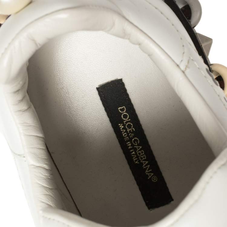 Pre Owned Dolce & Gabbana White Leather Portofino With Patch and Embroidery Low Top Sneakers Size 39