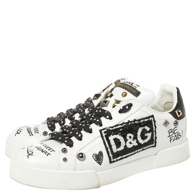 Pre Owned Dolce & Gabbana Black/White Leather Portofino With Patch And Embroidery Low Top Sneakers Size 39