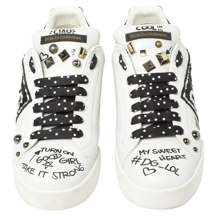 Pre Owned Dolce & Gabbana Black/White Leather Portofino With Patch And Embroidery Low Top Sneakers Size 39