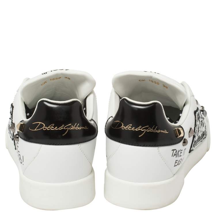 Pre Owned Dolce & Gabbana Black/White Leather Portofino With Patch And Embroidery Low Top Sneakers Size 39