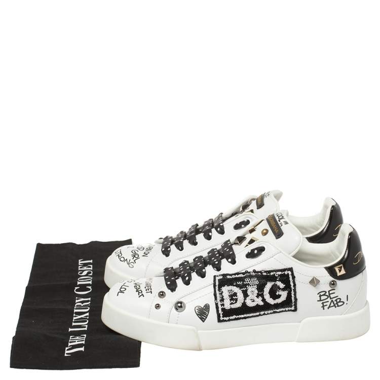 Pre Owned Dolce & Gabbana Black/White Leather Portofino With Patch And Embroidery Low Top Sneakers Size 39