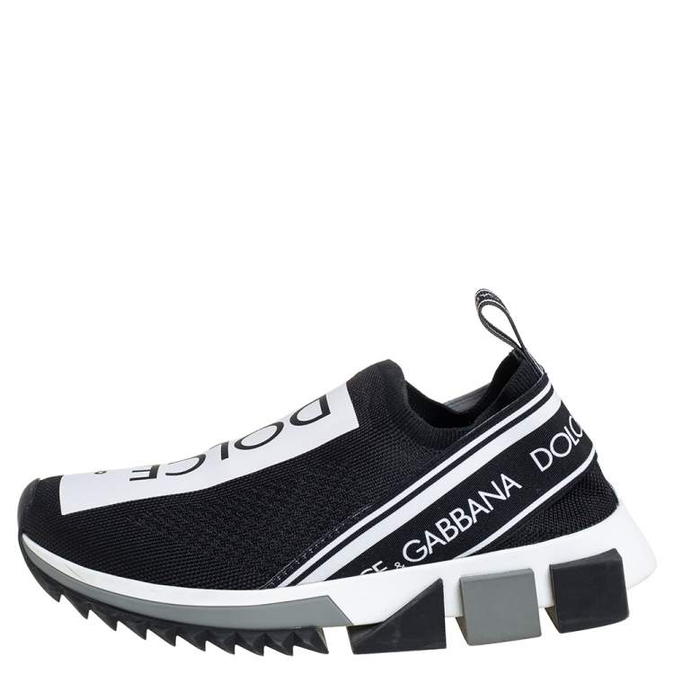 Pre Owned Dolce & Gabbana Black/White Knit Fabric Sorrento Slip On Sneakers Size 36