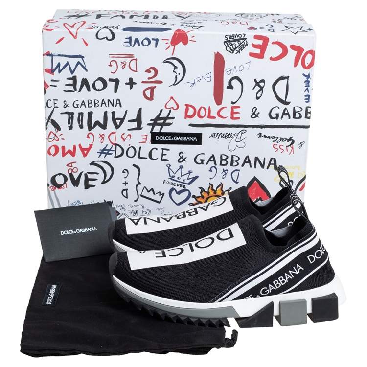 Pre Owned Dolce & Gabbana Black/White Knit Fabric Sorrento Slip On Sneakers Size 36