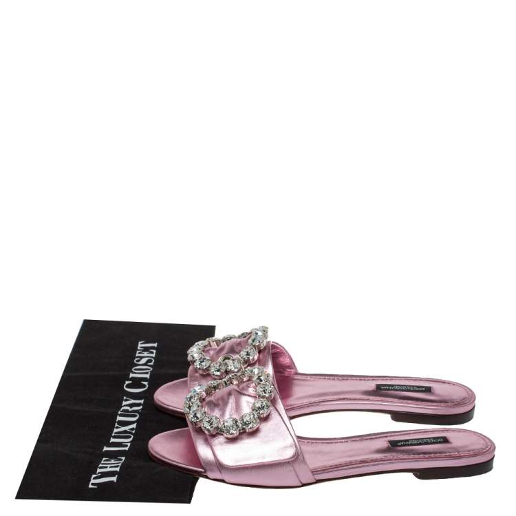 Pre Owned Dolce & Gabbana Metallic Pink Leather Embellished Flat Slides Size 38