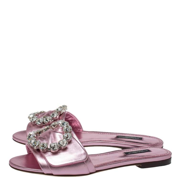 Pre Owned Dolce & Gabbana Metallic Pink Leather Embellished Flat Slides Size 38