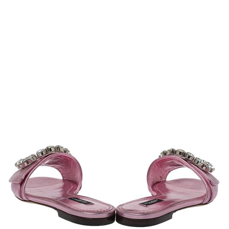 Pre Owned Dolce & Gabbana Metallic Pink Leather Embellished Flat Slides Size 38