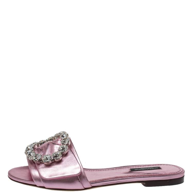 Pre Owned Dolce & Gabbana Metallic Pink Leather Embellished Flat Slides Size 38