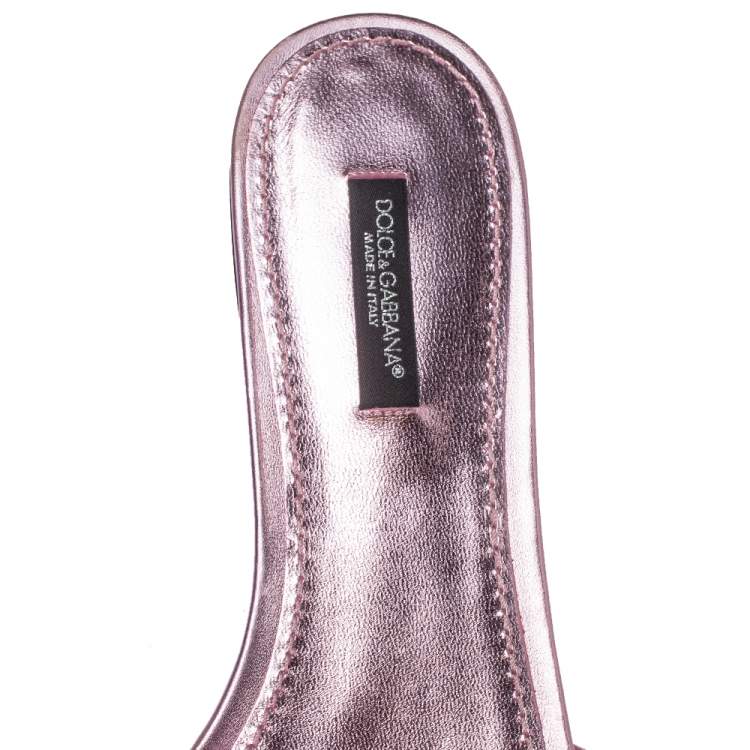 Pre Owned Dolce & Gabbana Metallic Pink Leather Embellished Flat Slides Size 38