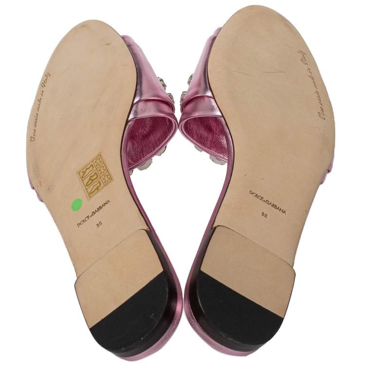Pre Owned Dolce & Gabbana Metallic Pink Leather Embellished Flat Slides Size 38