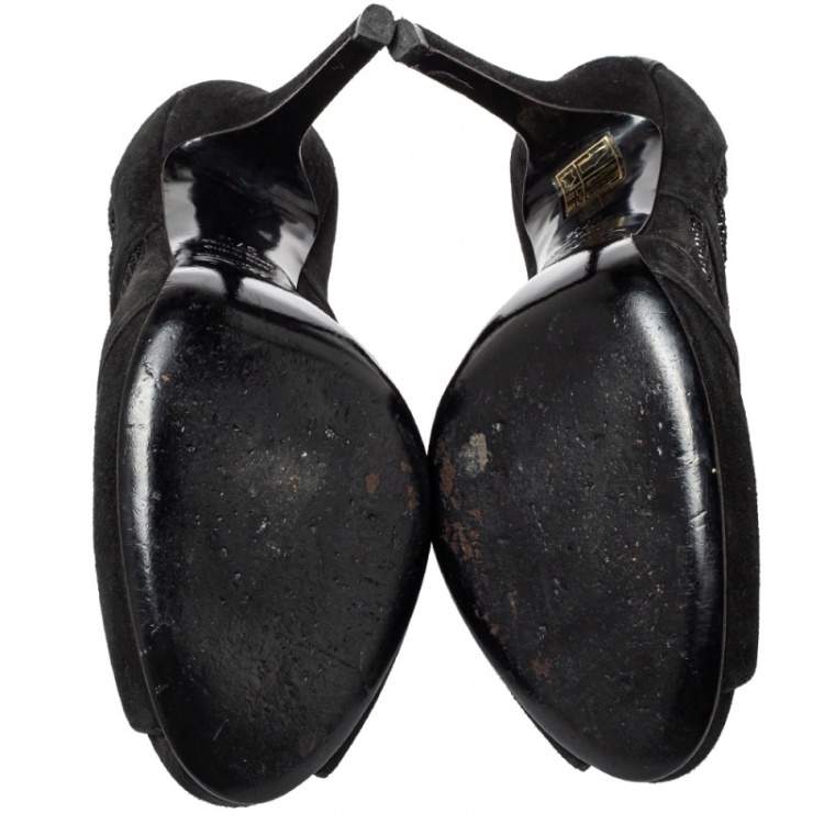 Pre Owned Dolce  & Gabbana Black Mesh And Suede Trims Peep Toe Pumps Size 37.5