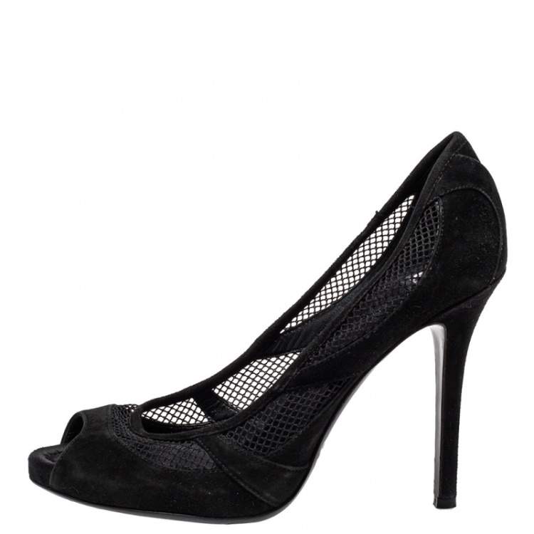 Pre Owned Dolce  & Gabbana Black Mesh And Suede Trims Peep Toe Pumps Size 37.5