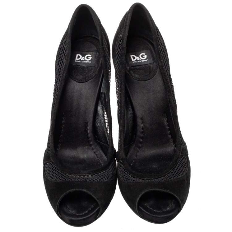 Pre Owned Dolce  & Gabbana Black Mesh And Suede Trims Peep Toe Pumps Size 37.5