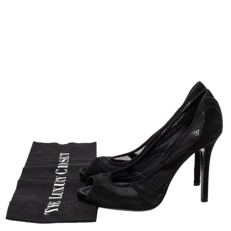 Pre Owned Dolce  & Gabbana Black Mesh And Suede Trims Peep Toe Pumps Size 37.5