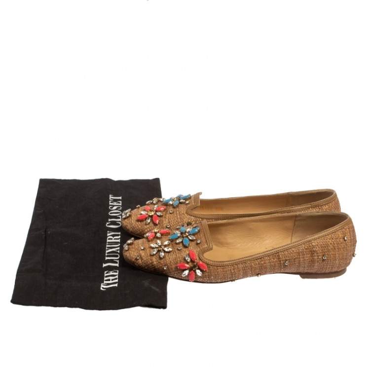Pre Owned Dolce & Gabbana Beige Raffia Embellished Smoking Slippers Size 38.5
