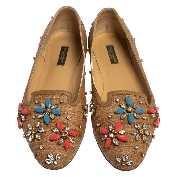 Pre Owned Dolce & Gabbana Beige Raffia Embellished Smoking Slippers Size 38.5