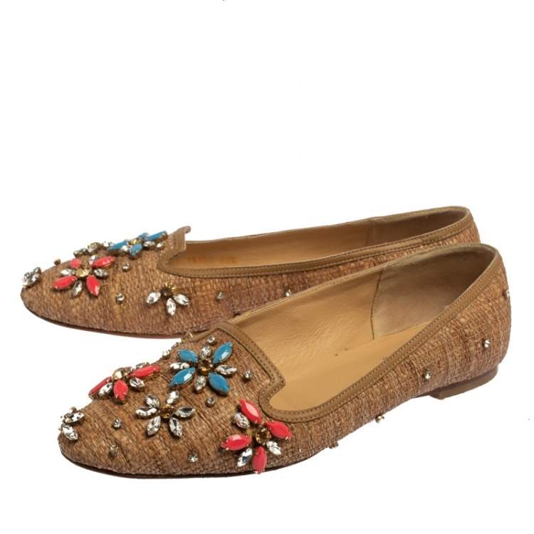 Pre Owned Dolce & Gabbana Beige Raffia Embellished Smoking Slippers Size 38.5