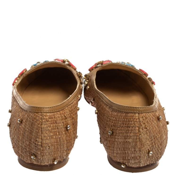 Pre Owned Dolce & Gabbana Beige Raffia Embellished Smoking Slippers Size 38.5