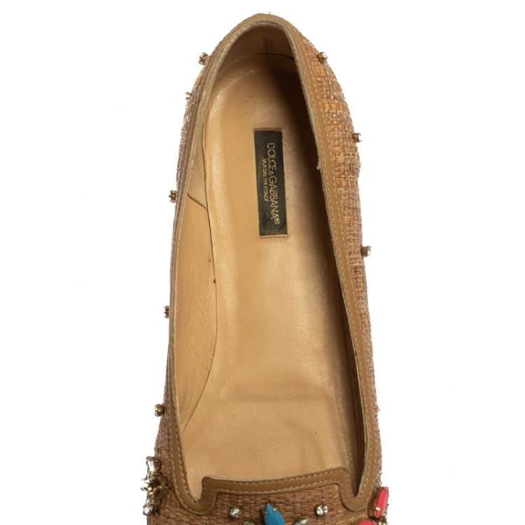 Pre Owned Dolce & Gabbana Beige Raffia Embellished Smoking Slippers Size 38.5