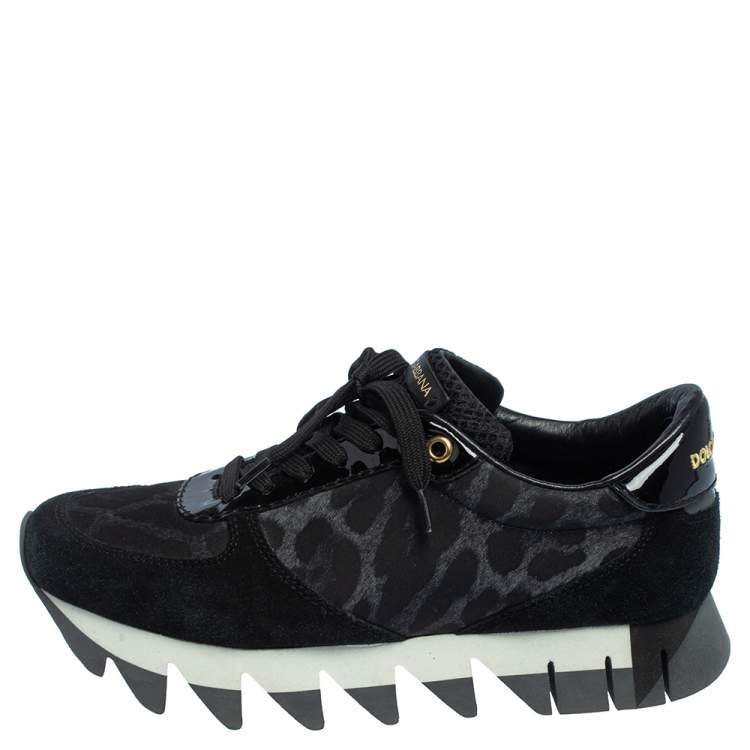 Pre Owned Dolce & Gabbana Black Suede And Leopard Print Nylon Low Top Sneakers Size 37