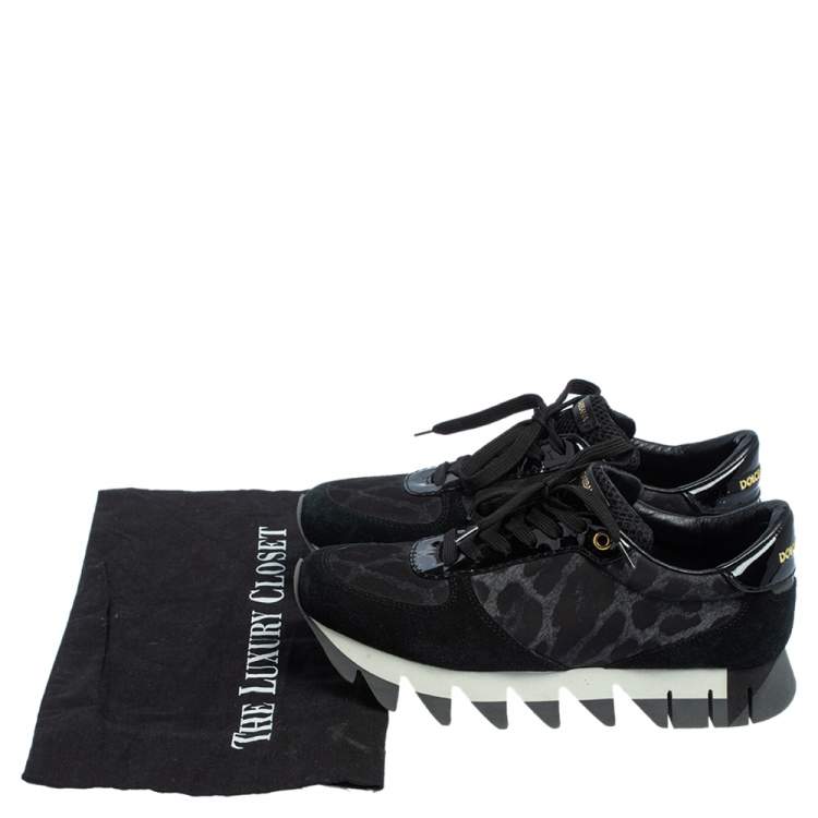 Pre Owned Dolce & Gabbana Black Suede And Leopard Print Nylon Low Top Sneakers Size 37