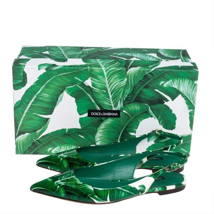 Pre Owned Dolce & Gabbana Green/White Banana Leaf-Print Patent Leather Slingback Flats Size 37