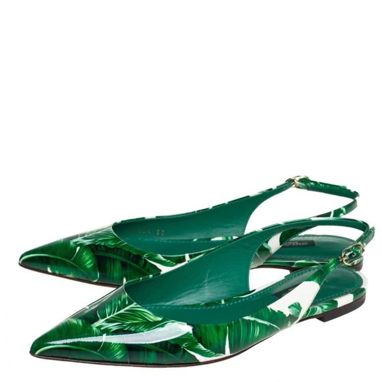 Pre Owned Dolce & Gabbana Green/White Banana Leaf-Print Patent Leather Slingback Flats Size 37