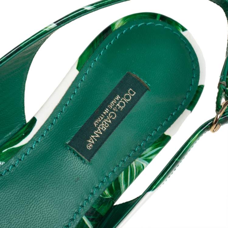 Pre Owned Dolce & Gabbana Green/White Banana Leaf-Print Patent Leather Slingback Flats Size 37