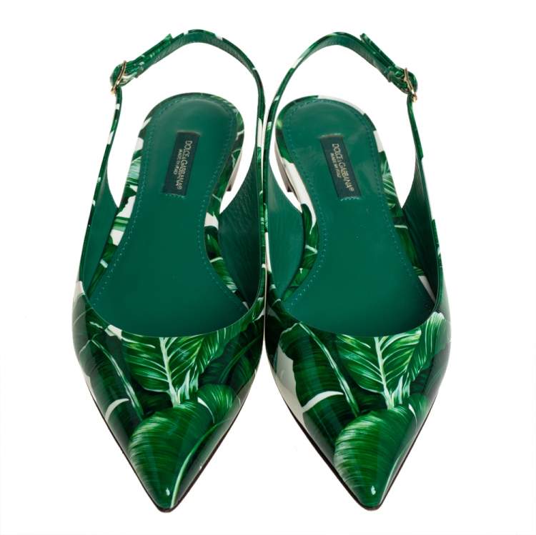 Pre Owned Dolce & Gabbana Green/White Banana Leaf-Print Patent Leather Slingback Flats Size 37