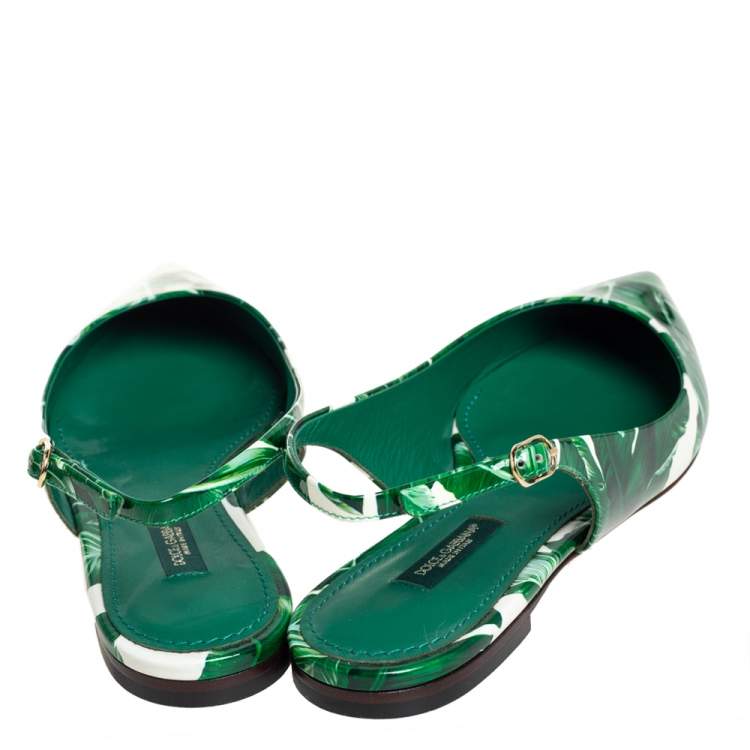 Pre Owned Dolce & Gabbana Green/White Banana Leaf-Print Patent Leather Slingback Flats Size 37