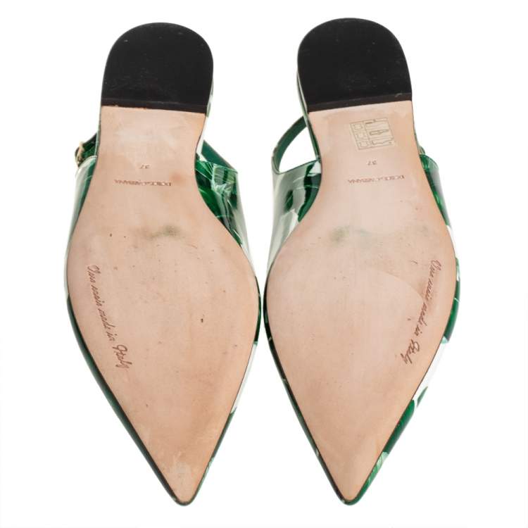 Pre Owned Dolce & Gabbana Green/White Banana Leaf-Print Patent Leather Slingback Flats Size 37