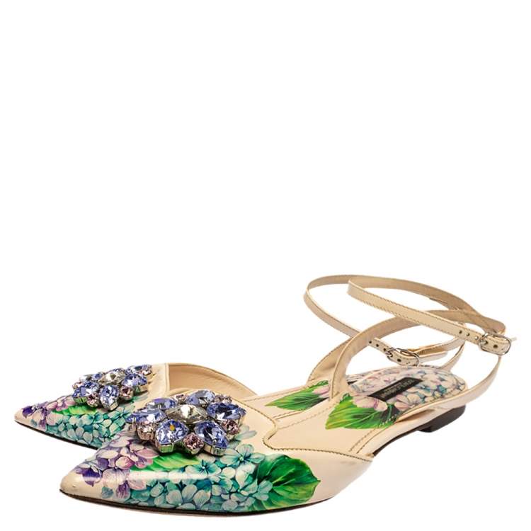 Pre Owned Dolce & Gabbana Multicolor Floral Print Patent Leather Crystal-Embellished Ankle-Strap Flats Size 40
