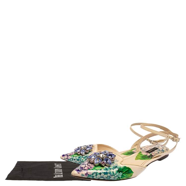 Pre Owned Dolce & Gabbana Multicolor Floral Print Patent Leather Crystal-Embellished Ankle-Strap Flats Size 40