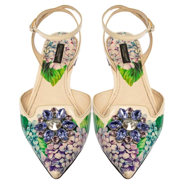 Pre Owned Dolce & Gabbana Multicolor Floral Print Patent Leather Crystal-Embellished Ankle-Strap Flats Size 40