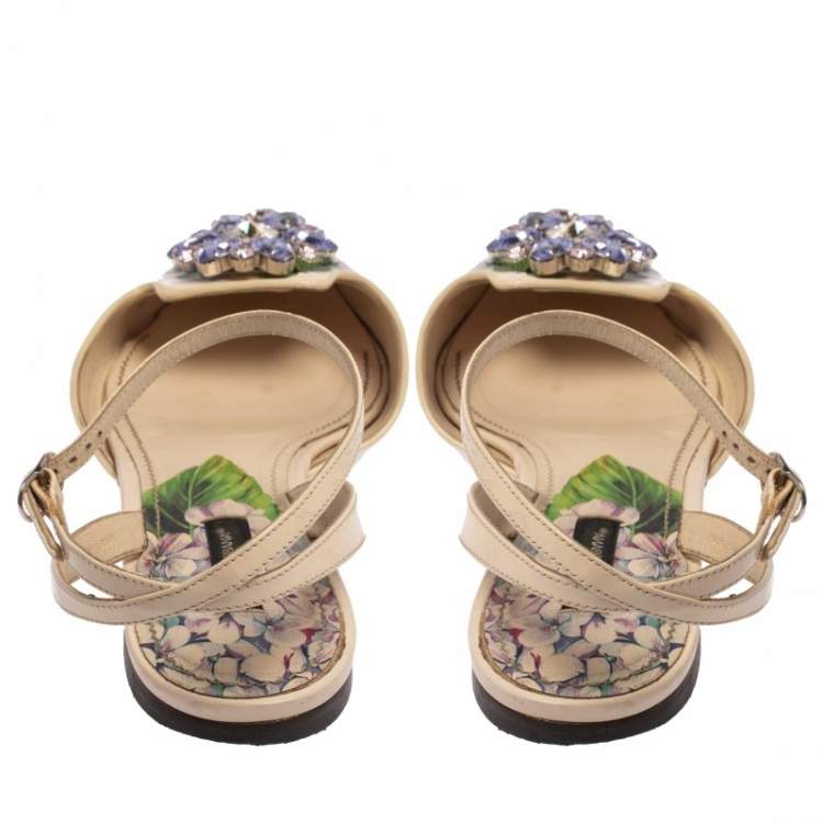 Pre Owned Dolce & Gabbana Multicolor Floral Print Patent Leather Crystal-Embellished Ankle-Strap Flats Size 40
