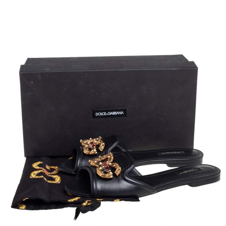 مملوكة مسبقًا Dolce & Gabbana Black Leather DG Amore Logo Embellished Flat Slides Size 38.5