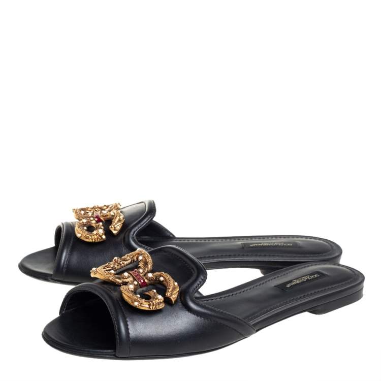 مملوكة مسبقًا Dolce & Gabbana Black Leather DG Amore Logo Embellished Flat Slides Size 38.5