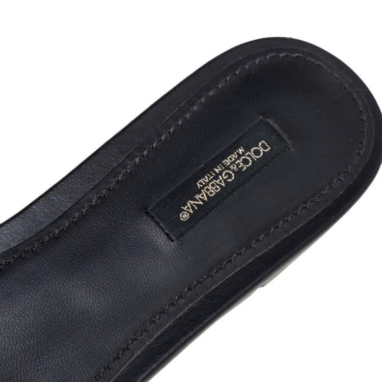 مملوكة مسبقًا Dolce & Gabbana Black Leather DG Amore Logo Embellished Flat Slides Size 38.5