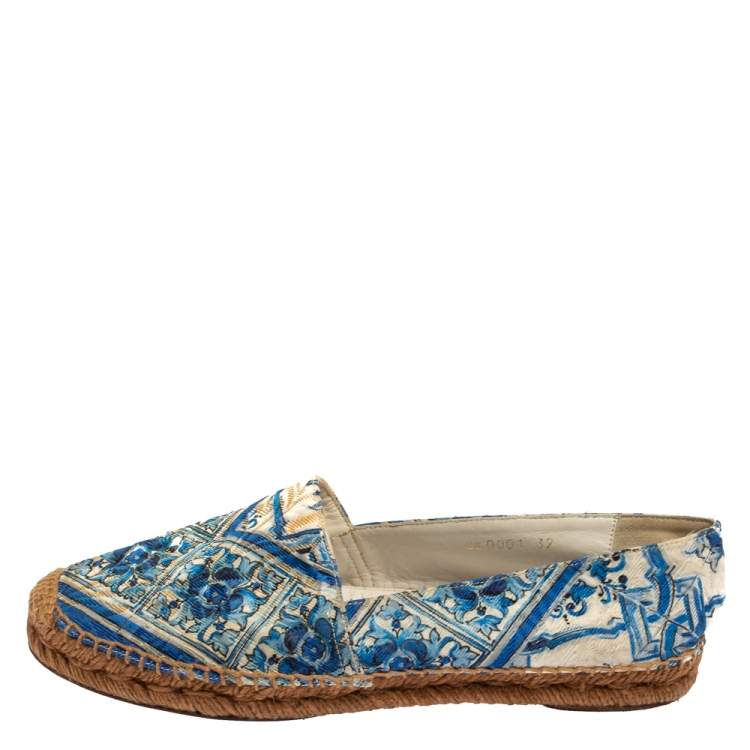 Pre Owned Dolce & Gabbana Blue/White Printed Brocade Fabric Espadrilles Size 39