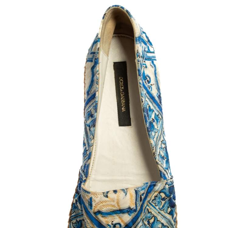 Pre Owned Dolce & Gabbana Blue/White Printed Brocade Fabric Espadrilles Size 39
