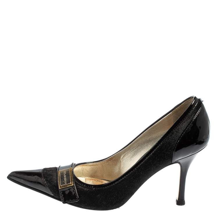Pre Owned Dolce & Gabbana Black Patent Leather And Fur Pointed Toe Pumps Size 36.5