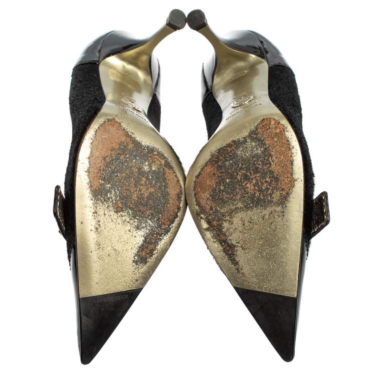 Pre Owned Dolce & Gabbana Black Patent Leather And Fur Pointed Toe Pumps Size 36.5