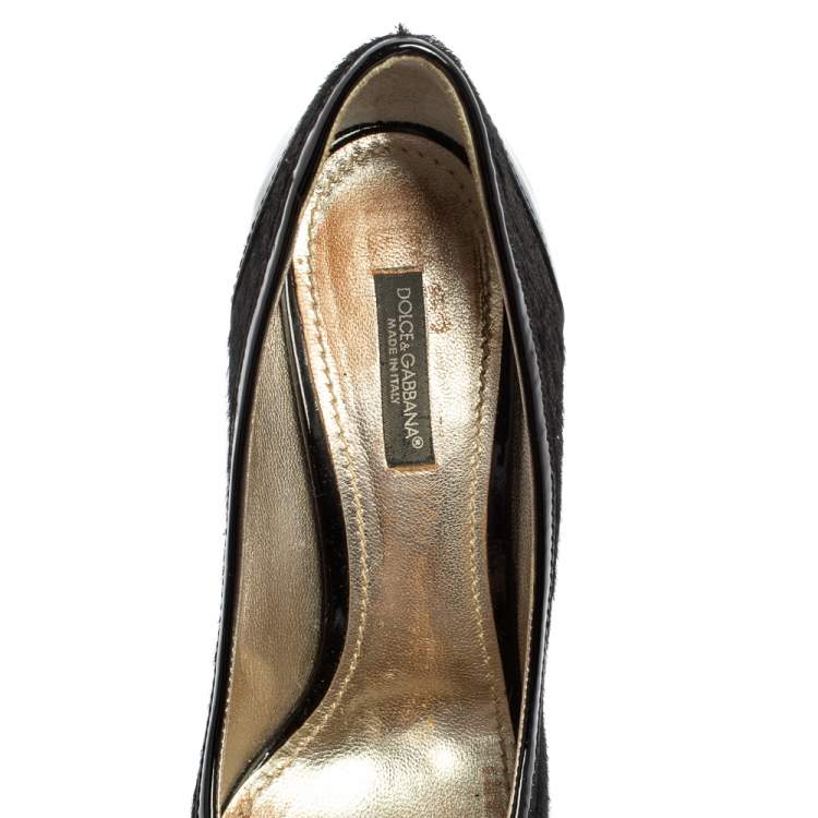 Pre Owned Dolce & Gabbana Black Patent Leather And Fur Pointed Toe Pumps Size 36.5