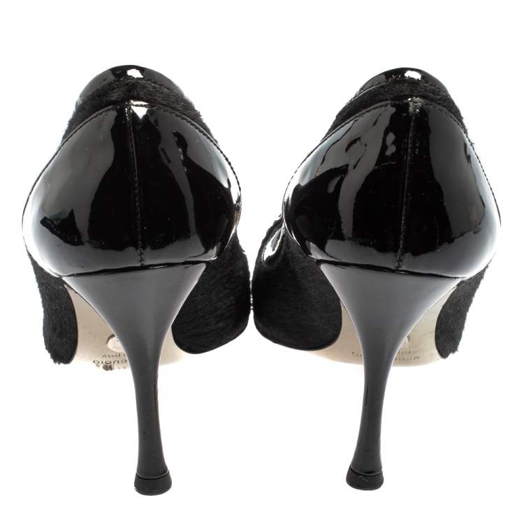 Pre Owned Dolce & Gabbana Black Patent Leather And Fur Pointed Toe Pumps Size 36.5