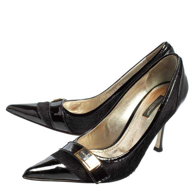 Pre Owned Dolce & Gabbana Black Patent Leather And Fur Pointed Toe Pumps Size 36.5