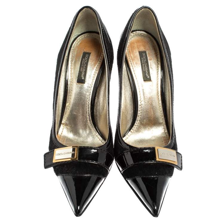 Pre Owned Dolce & Gabbana Black Patent Leather And Fur Pointed Toe Pumps Size 36.5